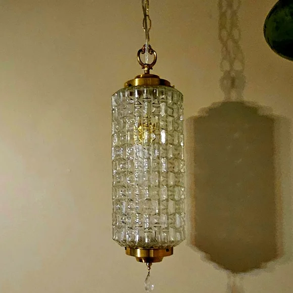 DIAMOND-Cut Clear Glass Hanging Vintage Light Swag Lamp Retro Globe Mid Century - Picture 2 of 2